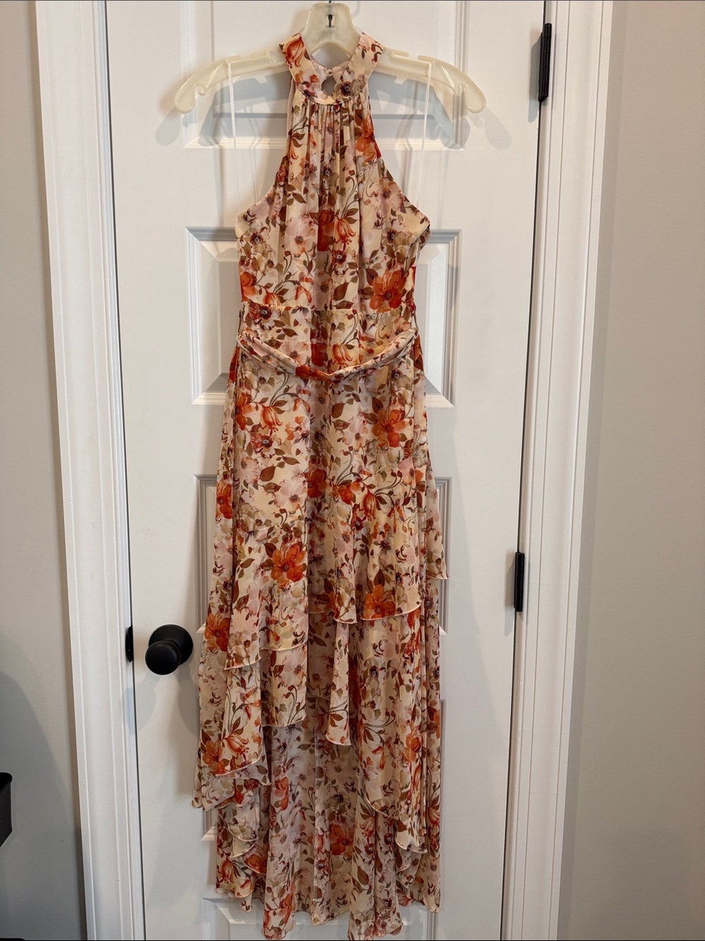 High-Neck Floral High-Low Maxi Dress in Cream and Rust
